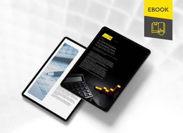 Mockup ilustrativo de dois tablets, um acima do outro, com imagens do conteúdo interno do e-book. No canto superior direito, faixa descritiva nas cores amarelo e cinza, com o nome 