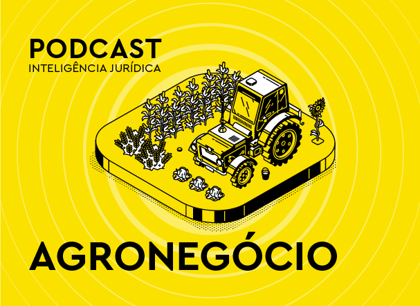 Arte representando cenário agrícola, com plantações e trator.
