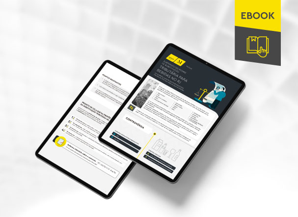 Mockup ilustrativo de dois tablets, um acima do outro, com imagens do conteúdo interno do e-book. No canto superior direito, faixa descritiva nas cores amarelo e cinza, com o nome 