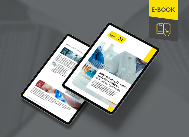 Mockup ilustrativo de dois tablets, um acima do outro, com imagens do conteúdo interno do e-book. No canto superior direito, faixa descritiva nas cores amarelo e cinza, com o nome "e-book" escrito