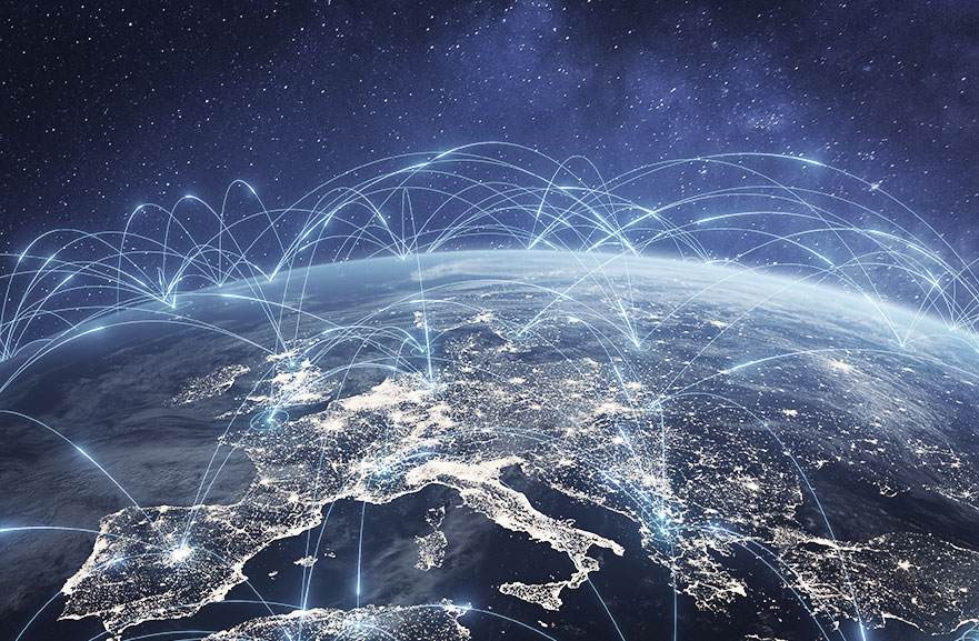 Graphic representation of communication technology with a global internet network.