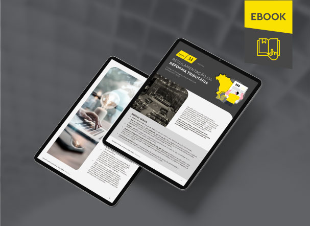 Mockup ilustrativo de dois tablets, um acima do outro, com imagens do conteúdo interno do e-book. No canto superior direito, faixa descritiva nas cores amarelo e cinza, com o nome "e-book" escrito