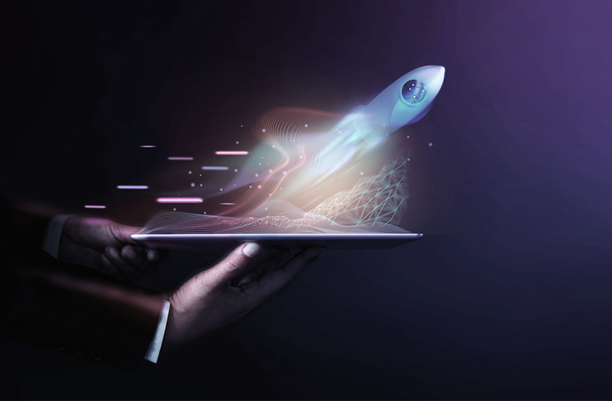 Illustrative image. Graphic representation of a rocket coming out of a tablet