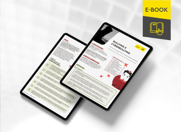 Mockup ilustrativo de dois tablets, um acima do outro, com imagens do conteúdo interno do e-book. No canto superior direito, faixa descritiva nas cores amarelo e cinza, com o nome "e-book" escrito