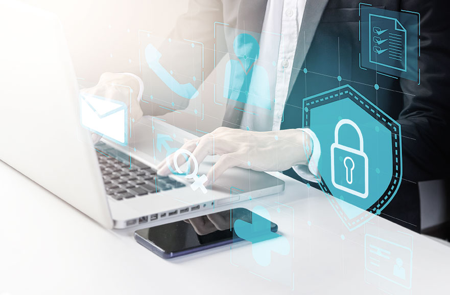 A person typing on a laptop. In the image, information security and technology symbols are graphically represented