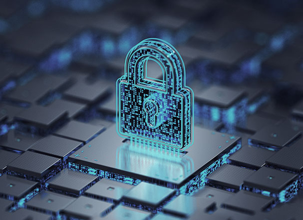Ilustração gráfica de cadeado de criptografia em cima de teclado com teclas pretas e luzes azuis