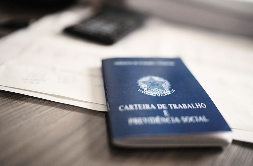 Visão superior de carteira de trabalho, nas cores padrão azul e branco