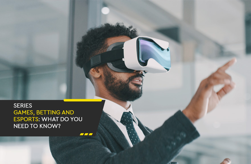 Man with a beard, black suit, black tie with white dots, and white shirt, wearing virtual reality glasses. In the bottom left corner, there is a black banner with the words: "Gaming, Gambling, and Esports Law Series: What You Need to Know?