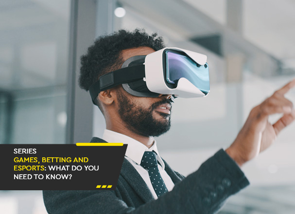 Man with a beard, black suit, black tie with white dots, and white shirt, wearing virtual reality glasses. In the bottom left corner, there is a black banner with the words: "Gaming, Gambling, and Esports Law Series: What You Need to Know?