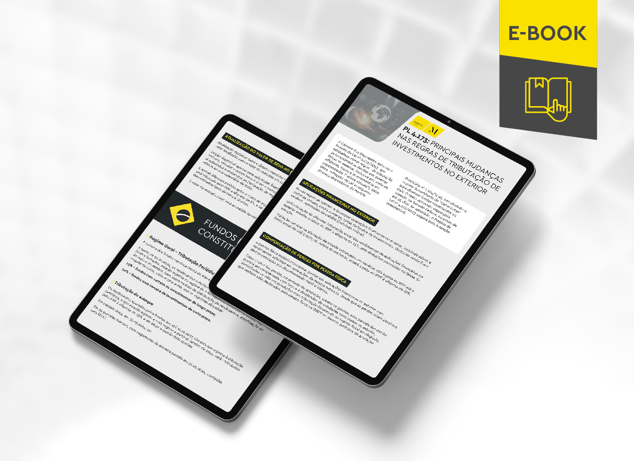 Mockup ilustrativo de dois tablets, um acima do outro, com imagens do conteúdo interno do e-book. No canto superior direito, faixa descritiva nas cores amarelo e cinza, com o nome "e-book" escrito