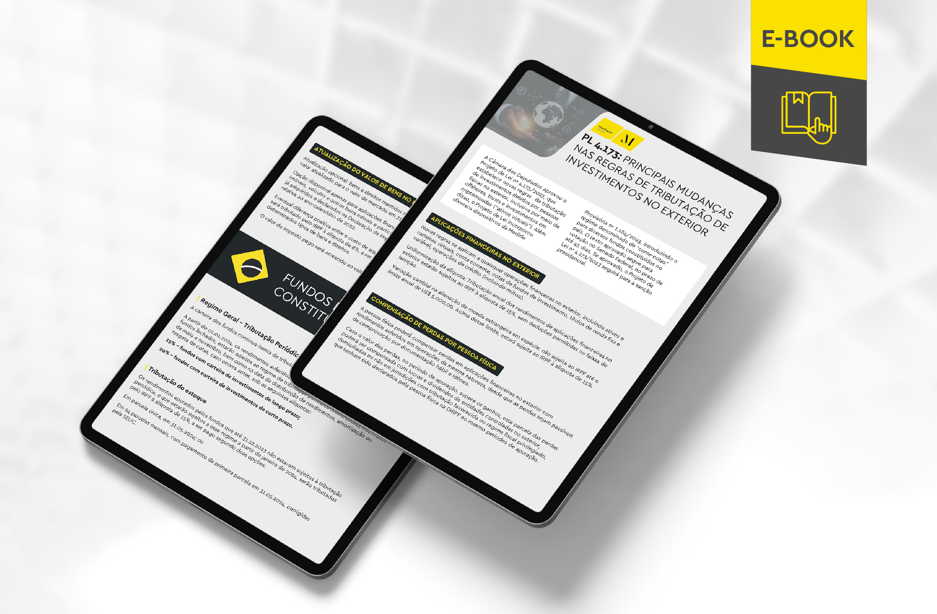 Mockup ilustrativo de dois tablets, um acima do outro, com imagens do conteúdo interno do e-book. No canto superior direito, faixa descritiva nas cores amarelo e cinza, com o nome "e-book" escrito