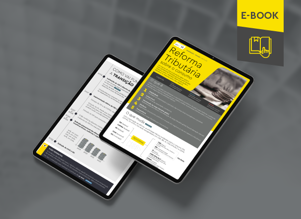 Mockup ilustrativo de dois tablets, um acima do outro, com imagens do conteúdo interno do e-book. No canto superior direito, faixa descritiva nas cores amarelo e cinza, com o nome "e-book" escrito