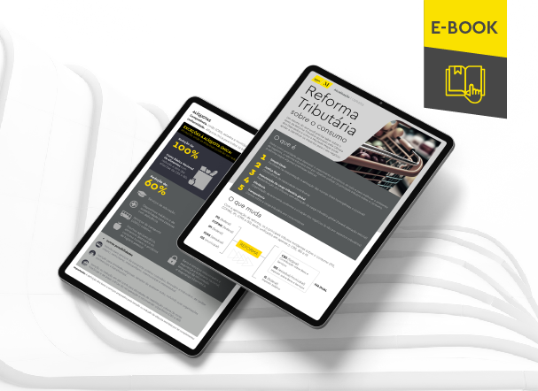 Mockup ilustrativo de dois tablets, um acima do outro, com imagens do conteúdo interno do e-book. No canto superior direito, faixa descritiva nas cores amarelo e cinza, com o nome "e-book" escrito