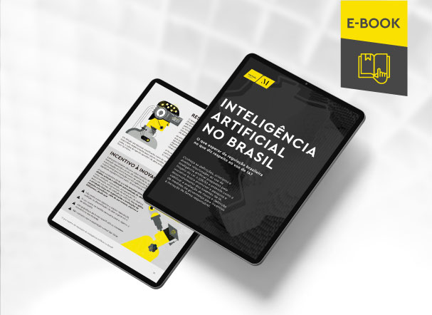 Mockup ilustrativo de dois tablets, um acima do outro, com imagens do conteúdo interno do e-book. No canto superior direito, faixa descritiva nas cores amarelo e cinza, com o nome "e-book" escrito