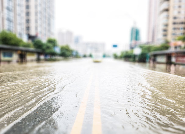 Avenue flooded, without movement of cars and pedestrians. Around, trees and buildings