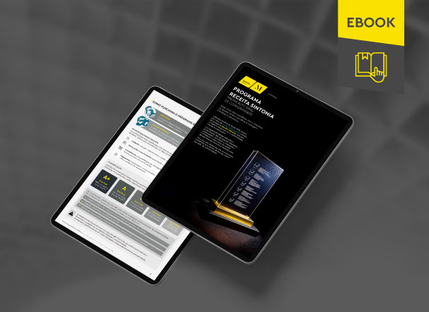 Mockup ilustrativo de dois tablets, um acima do outro, com imagens do conteúdo interno do e-book. No canto superior direito, faixa descritiva nas cores amarelo e cinza, com o nome 