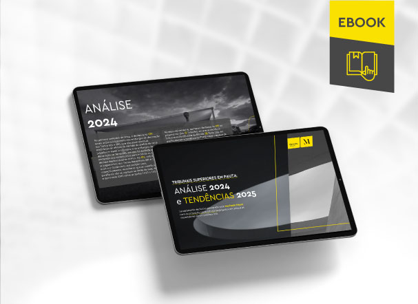 Mockup ilustrativo de dois tablets, um acima do outro, com imagens do conteúdo interno do e-book. No canto superior direito, faixa descritiva nas cores amarelo e cinza, com o nome "e-book" escrito